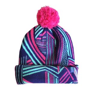 North Face Junior Winter Hat Pink Purple Pom Small Abstract Pattern